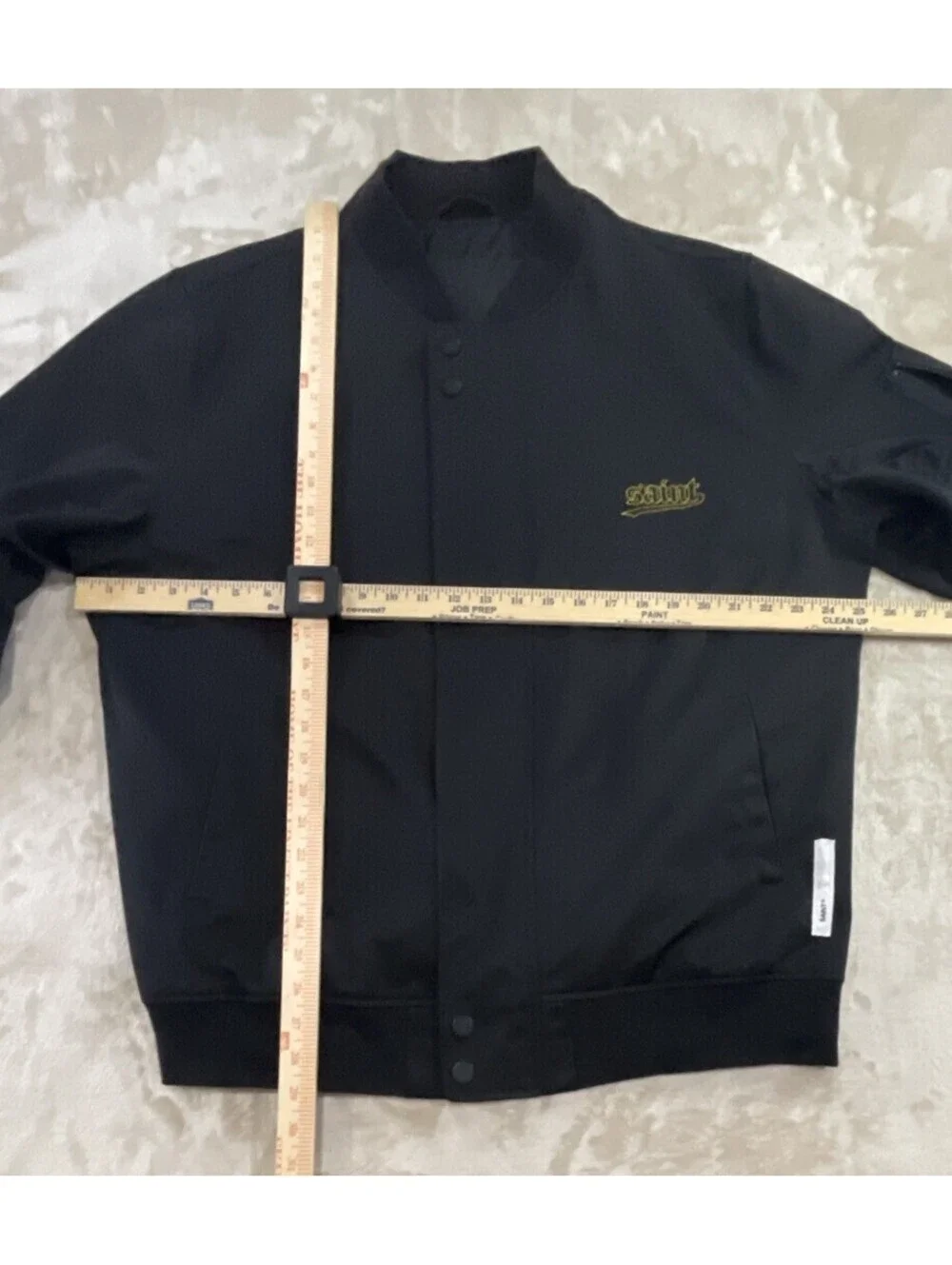 Saint Morta Full-Zip & Snap Black Bomber Jacket Gothic Logo Mens Size L *FLAW*